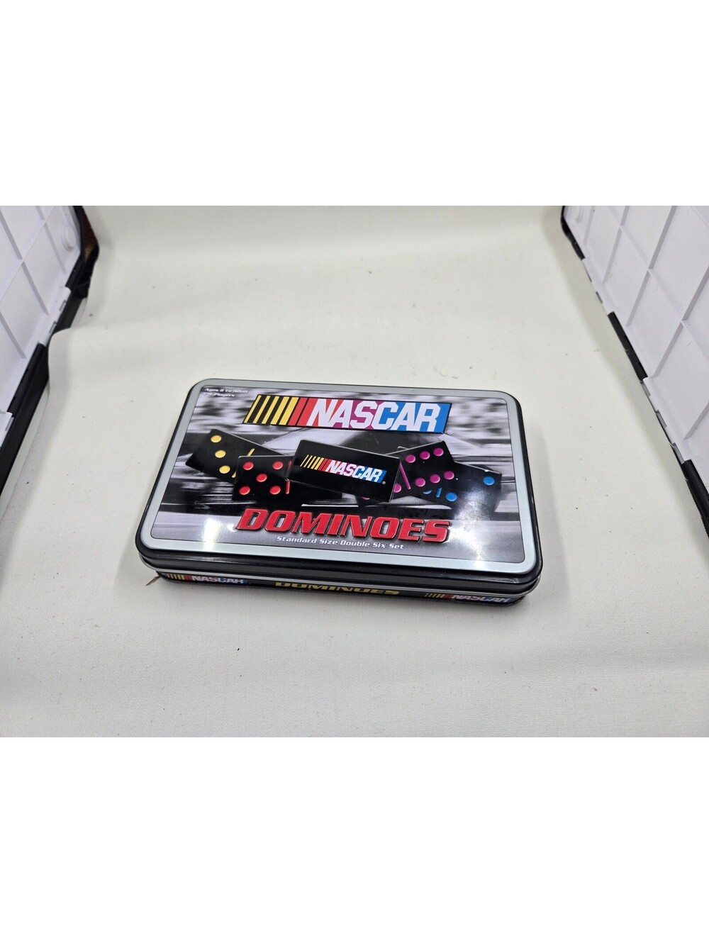 NASCAR Double Six Dominoes Game Set, Complete 28 Black Tiles in Collector Tin